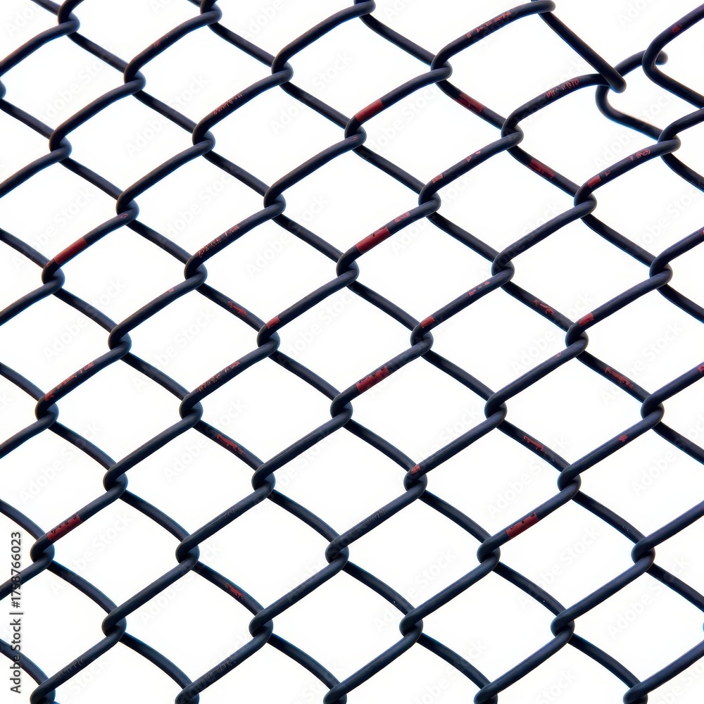 Naklejka premium Close-up view of a chain link fence, isolated on a pure white background. Ideal for construction, security, or sports themes, mesh, pattern