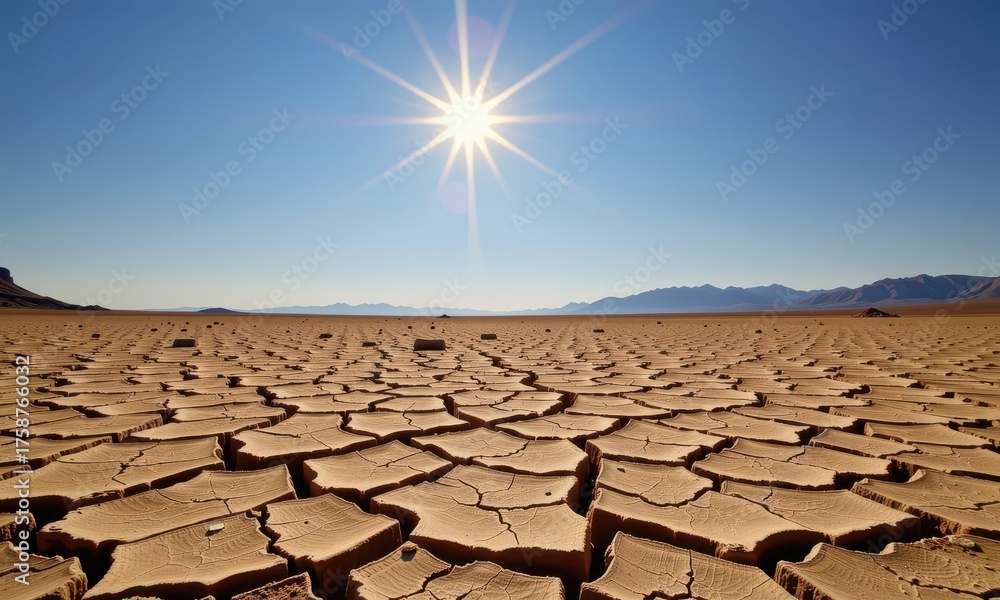 Fototapeta premium Cracked earth under a blazing sun in a desolate, dry landscape, signifying severe drought, dryland, environment, environmental issue