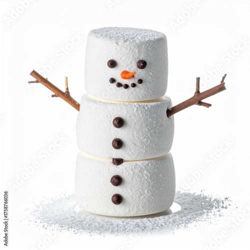 Marshmallow Snowman with Twig Arms and Candy Face on White Background
