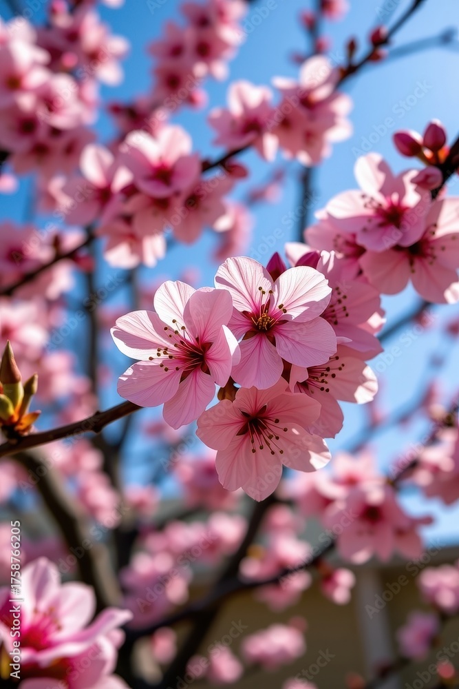 Obraz premium Delicate pink cherry blossoms bloom vibrantly in the spring sunshine, a fleeting spectacle of natural beauty, picturesque, outdoor