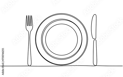 Minimalist one line illustration showing a dining setup with a plate, fork, and knife, symbolizing food, restaurant, and table etiquette.