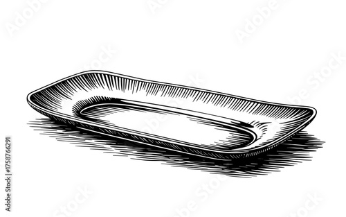 Black and white sketch of an empty rectangular plate, symbolizing dining, food serving, kitchenware, and restaurant concepts.