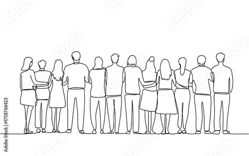 Continuous line drawing of a group of people standing side by side, symbolizing teamwork, unity, friendship, and community connection.