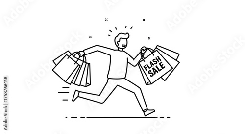 Excited shopper runs with flash sale bags happy to get great deals.