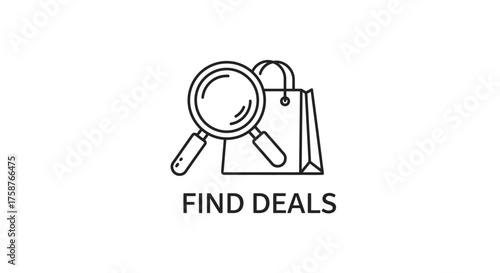 Find deals line icon with magnifying glass and shopping bag.