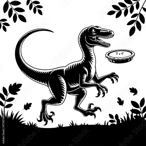 A black and white illustration of a Velociraptor dinosaur running through a grassy field, with a pie in the background