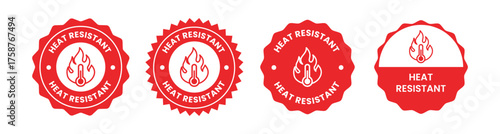 Red  circular emblem showcasing heat resistance and durability certification, featuring a thermometer icon perfect for product labeling and quality assurance.