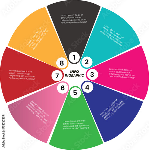 Circular 8-Segment Infographic – Central Hub with Color-Coded Sections, Modern Data Visualization
