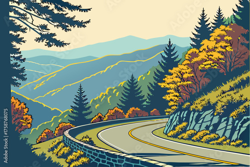 Blue Ridge Parkway mountain drive vector in clean layout

