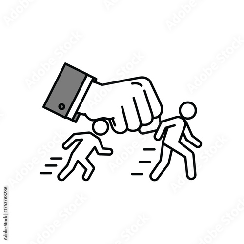 Hand of authority crushing people representing power and control.