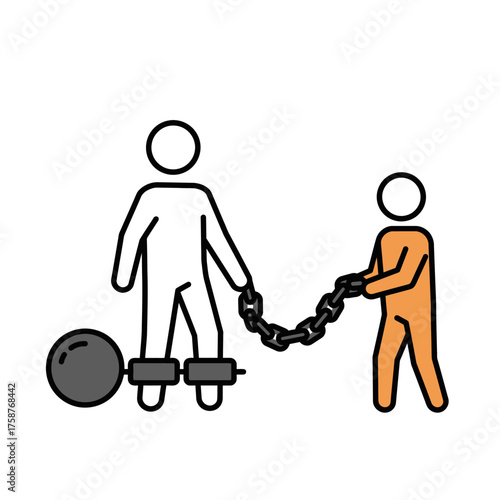 Two figures chained together with a ball and chain.