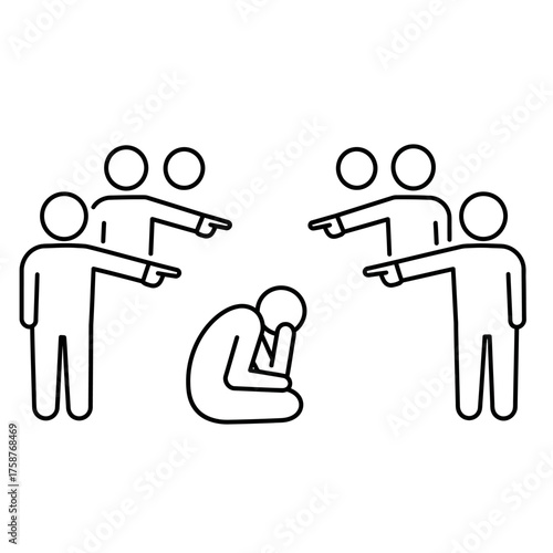 Victim of bullying surrounded by people pointing fingers at him.