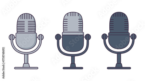 A classic vintage microphone with headphones on a white background is the perfect icon for radio broadcast and studio recording