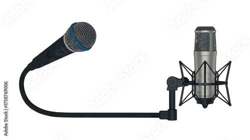 A black microphone on a white stand for studio audio recording