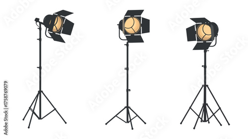 A professional photographer's studio equipment includes a black silhouette of a camera and a tripod next to a street lamp for light and a softbox stand