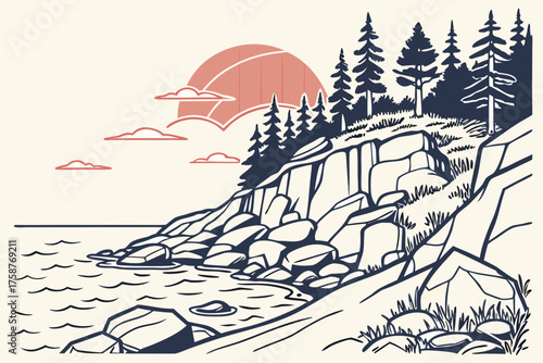 Minimalist design of Acadia National Park coastline in Maine, rocky shore with sunrise gradient
