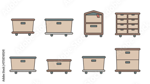 Vintage wooden office furniture set with drawers cabinets and tables in warm brown tones
