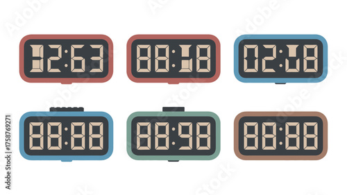 Retro alarm clock set digital timer icons vector illustration