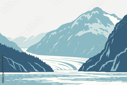 Minimalist Kenai Fjords National Park glacier landscape in pastel blue tone
