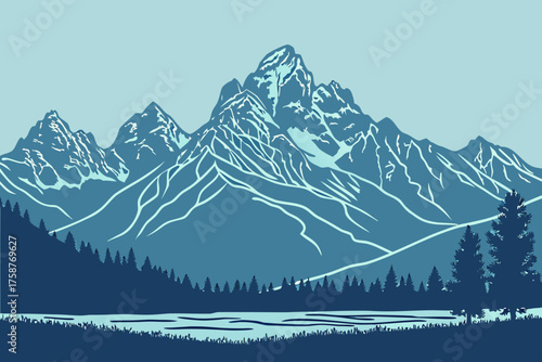 Minimalist Great Teton mountain range vector with clean blue gradient
