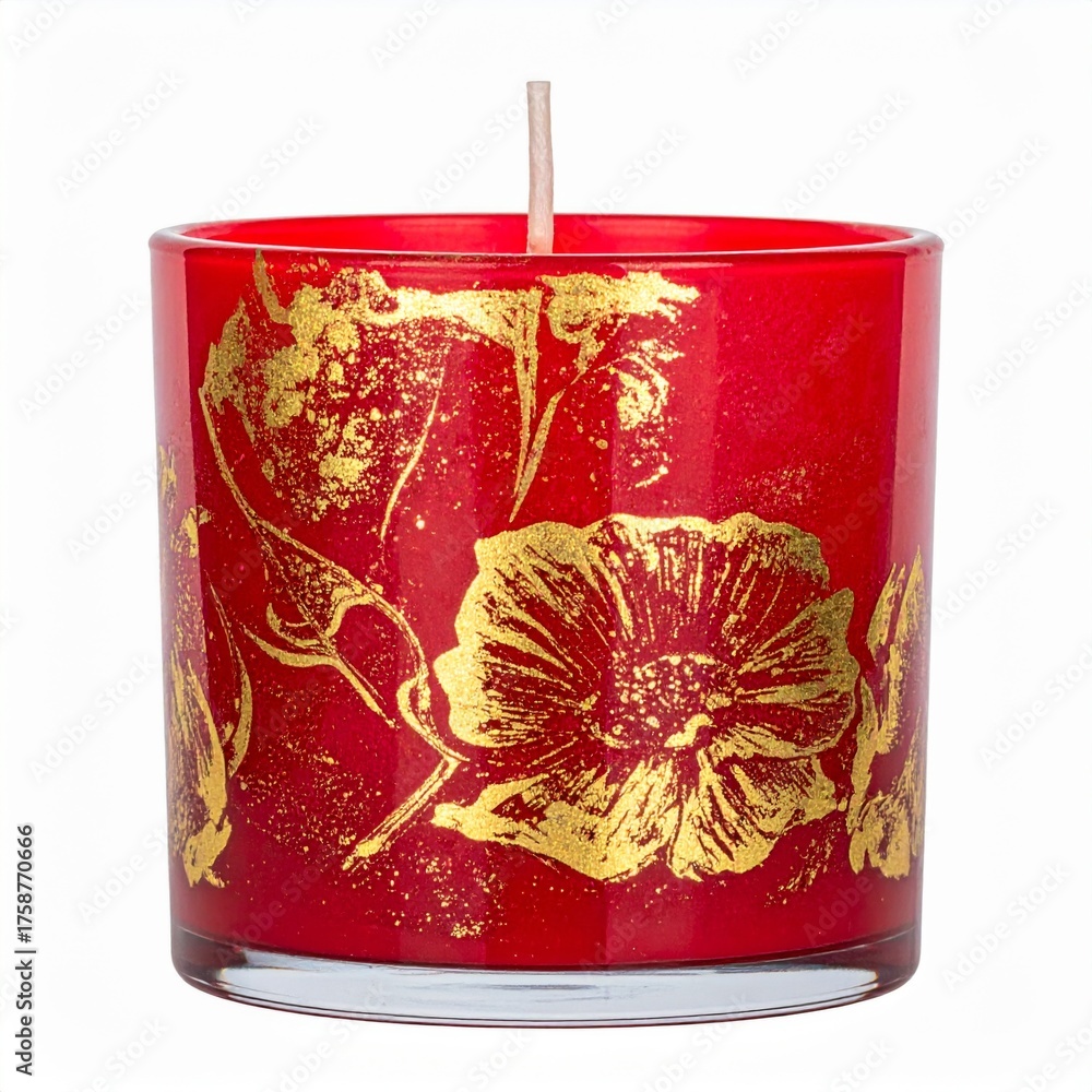 Obraz premium Red Glass Candle Holder with Gold Floral Design on White Background