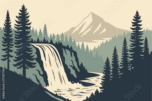 Minimal Yellowstone waterfall vector with forest and mountain silhouette
