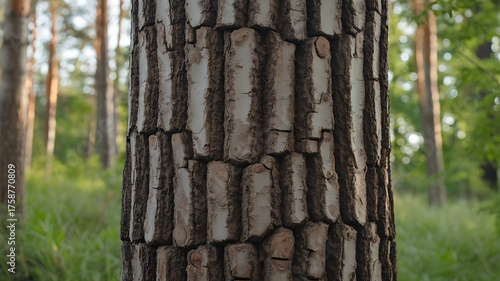 Rough textured tree trunk stands tall amidst a blurred forest backdrop, nature's resilience.
