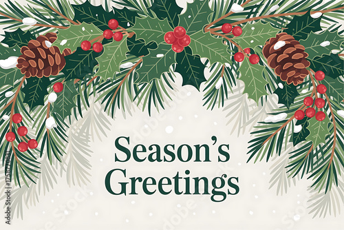 Festive garland of pine branches, pinecones, and red berries conveys a feeling of holiday cheer.