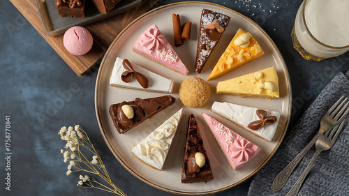 Assorted cake slices and a meringue on a plate, showcasing colorful, sweet dessert treats.