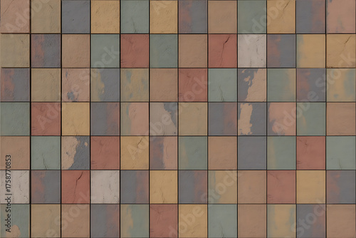 Geometric pattern of small, varied tiles in earthy tones, creating a textured, grid-like surface.