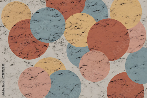 Overlapping circles in muted tones create a textured, abstract pattern with a vintage aesthetic.