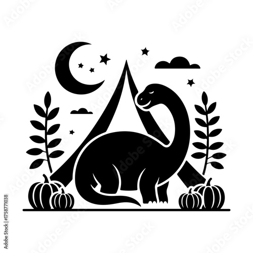 A charming sauropod dinosaur camping at night under a crescent moon, a graphic vector design with autumn pumpkins