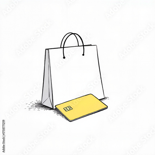 Yellow credit card resting by simplistic shopping bag, financial concept