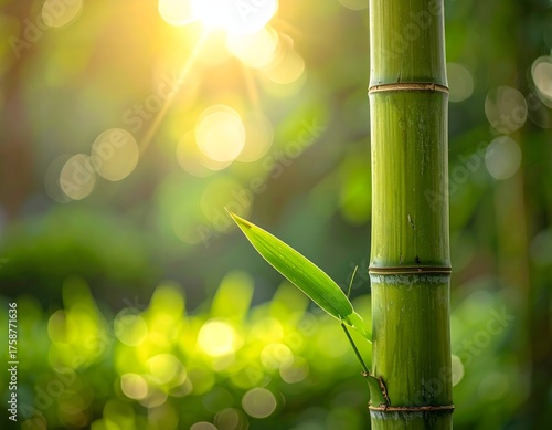 A single green bamboo stalk in soft morning sunlight outdoors