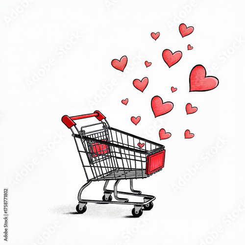 Shopping cart with floating hearts, love and passion concept