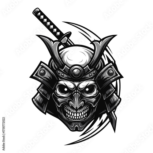 Intense samurai warrior mask with sword artwork for bold graphic designs and branding projects, perfect for gaming or edgy apparel designs today