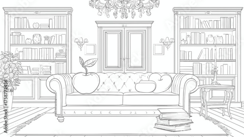 Elegant Classic Living Room Interior Outline Drawing with Vintage Sofa, Bookshelves, and Chandelier - Home Decor Line Art