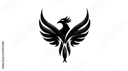Elegant black stylized phoenix illustration, mythical bird design symbolizing rebirth, power, and triumph, isolated on white background