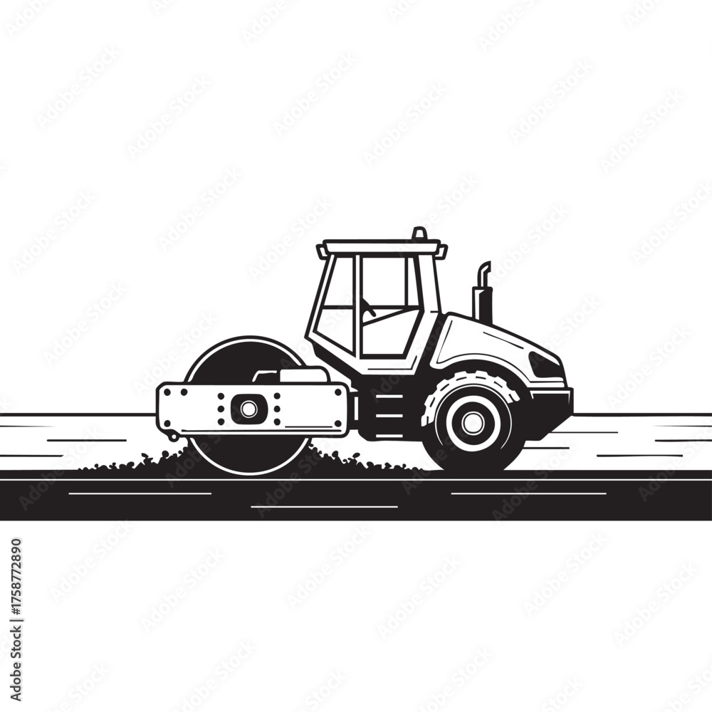 Naklejka premium An essential road roller, rendered in a striking black and white illustration, expertly compacts fresh asphalt during critical infrastructure development.