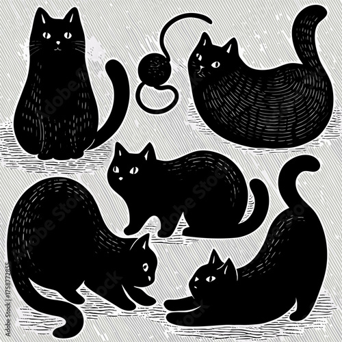 Chunky Black Cats Minimalist Illustration Series