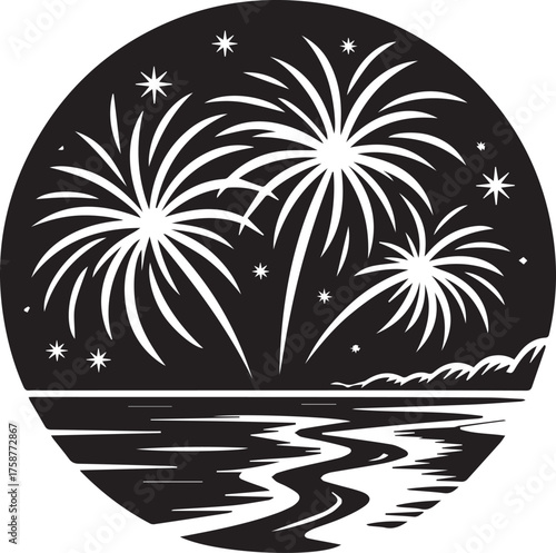 Celebrate new year's eve with festive fireworks over calm water scene silhouette