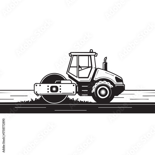 An essential road roller, rendered in a striking black and white illustration, expertly compacts fresh asphalt during critical infrastructure development.