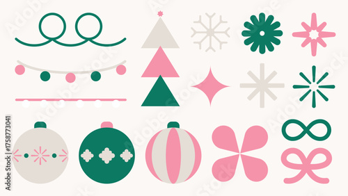 Flat vector style with pink and green colors. Festive vector elements include trees, ornaments, and snowflakes in a flat style. Pastel pink flat graphic illustration festive Christmas element set.