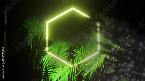 Drifting white specks from right starting neon hexagon fading as palm fronds rising lighting void