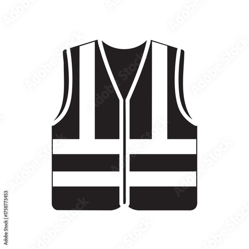 A minimalist black and white icon depicts a high-visibility safety vest, essential protective workwear for enhancing visibility and ensuring safety.