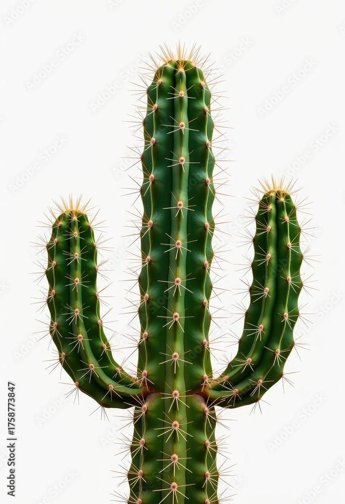 Naklejka premium A prickly green cactus stands in isolation on a clean white backdrop, ready for your design, organic, detail, unique