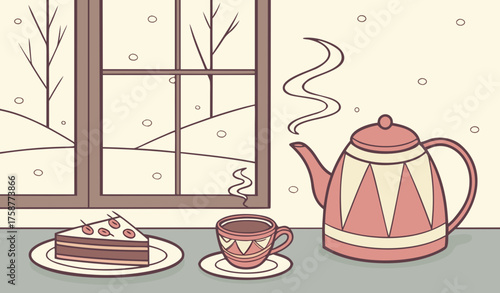 "Steam rising from a teapot and cup with cake and samosa in plate placed on a windowsill, snow falling outside, calm and cozy winter morning indoors."