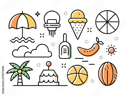 Summer Themed Line Art Icons Showcase Fun And Vacation Vibes In Simple Design