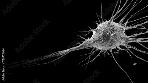Detailed microscopic image of a neuron cell, showcasing its complex structure and dendrites, representing neuroscience and biology