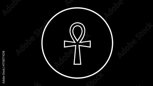 Ancient Egyptian Ankh symbol outline icon on black background, representing life, spirituality, and eternal existence.